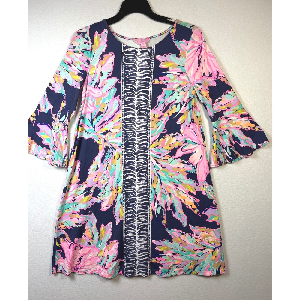 Lilly Pulitzer Ophelia Dress Womens 6 Navy Multicolor Bell Sleeve Swing